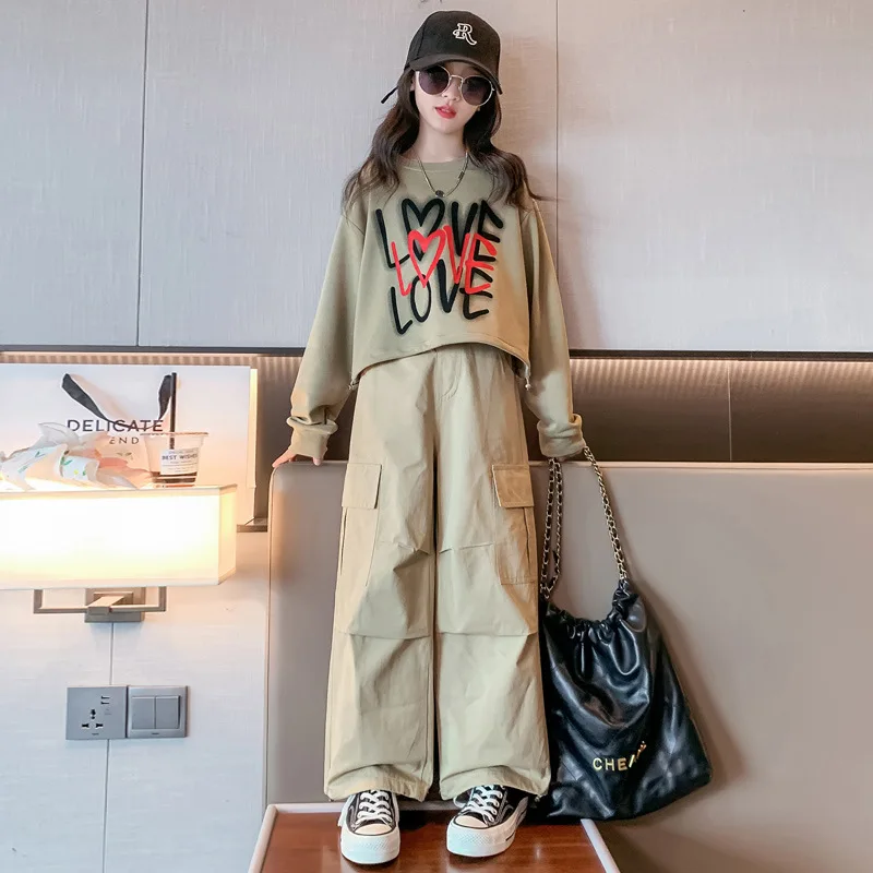 

Korean Autumn Children Girl Tracksuit Junior Girl Letter Printed Sweatshirt+Overalls Pants Kids Girls Set Jogging 4-12Y Girl Set