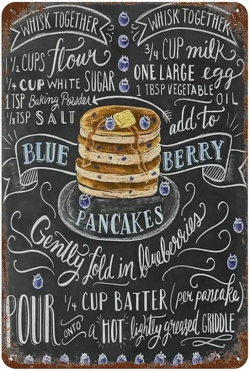 Metal Wall Art Decor Blue Berry Pancakes Metal Poster Fast Food Lovers Vintage Retro Tin Metal Sign Plaque Pub Bar Wall Decor Po