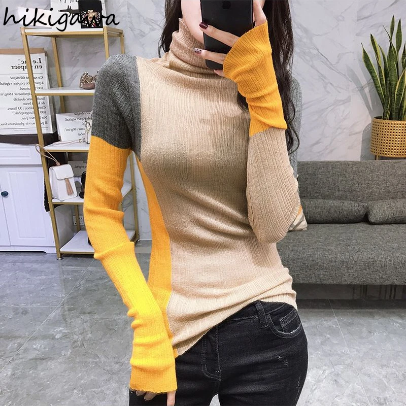 Contrast Color T Shirts Women Turtleneck Long Sleeve Tunic Tees Fashion Korean Camisetas 2024 Ropa Mujer Casual Knit Thin Tshirt