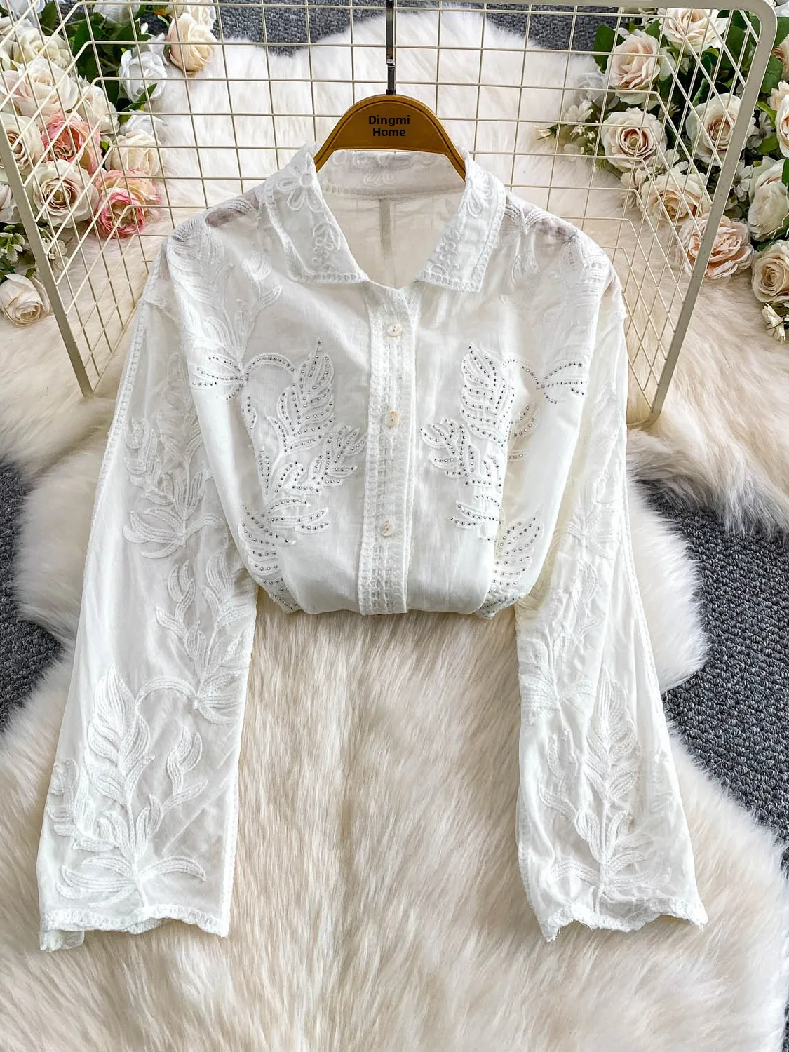 Ele renda gancho bordado pérola botão gola solta feminina irt proteção solar topo para outono inverno uso diário