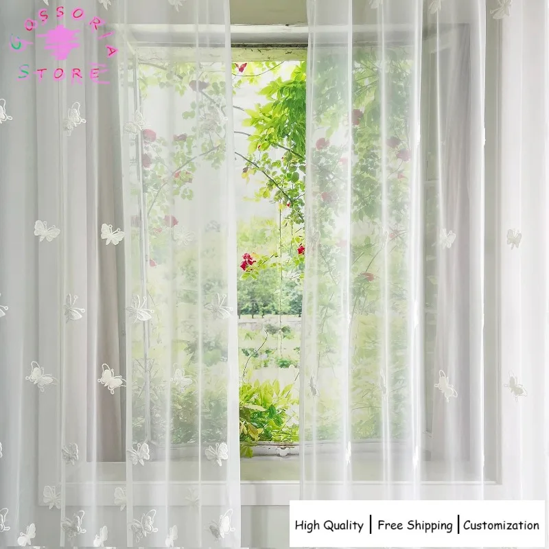 

Sample Custom Cute Jacquard Butterfly White Lace Sheer Curtains for Living Room Bedroom Bottom Lace Beading High Tulle Drapes