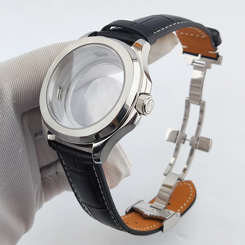 Custodia NH35 custodia impermeabile in vetro zaffiro cinturino in pelle adatta per cassa dell'orologio da 28,5 mm cassa dell'orologio da uomo da 44 mm cassa dell'orologio NH35