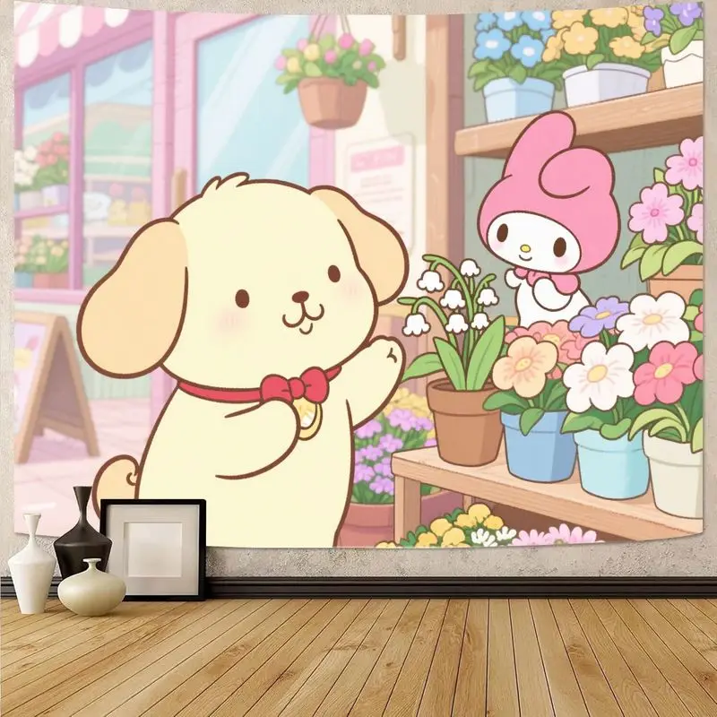 

1 шт. Sanrio Pompompurin My Melody розовый кавайный цветочный магазин гобелен полиэстер настенное искусство гостиная спальня декор подарок для фанатов