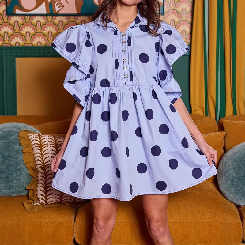 

2026 spring and summer new polka dot printing pullover shirt women's fashion ruffle edge short-sleeved top women's