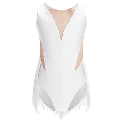 Teen Girls Figure Skating Ballet Gymnastics Leotard Latin Dance Cha-Cha Performance Costume Shiny Rhinestone Tassel Bodysuit