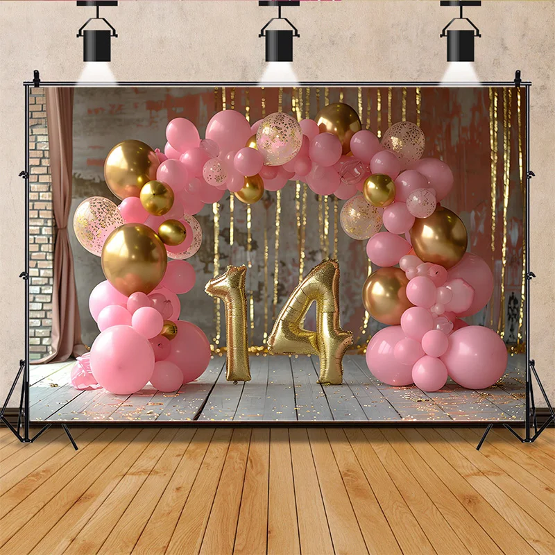 Happy Birthday  Photography Background  Number Pink Bear doll Hydrogen balloon Floral Baby Party Backdrops SR-376