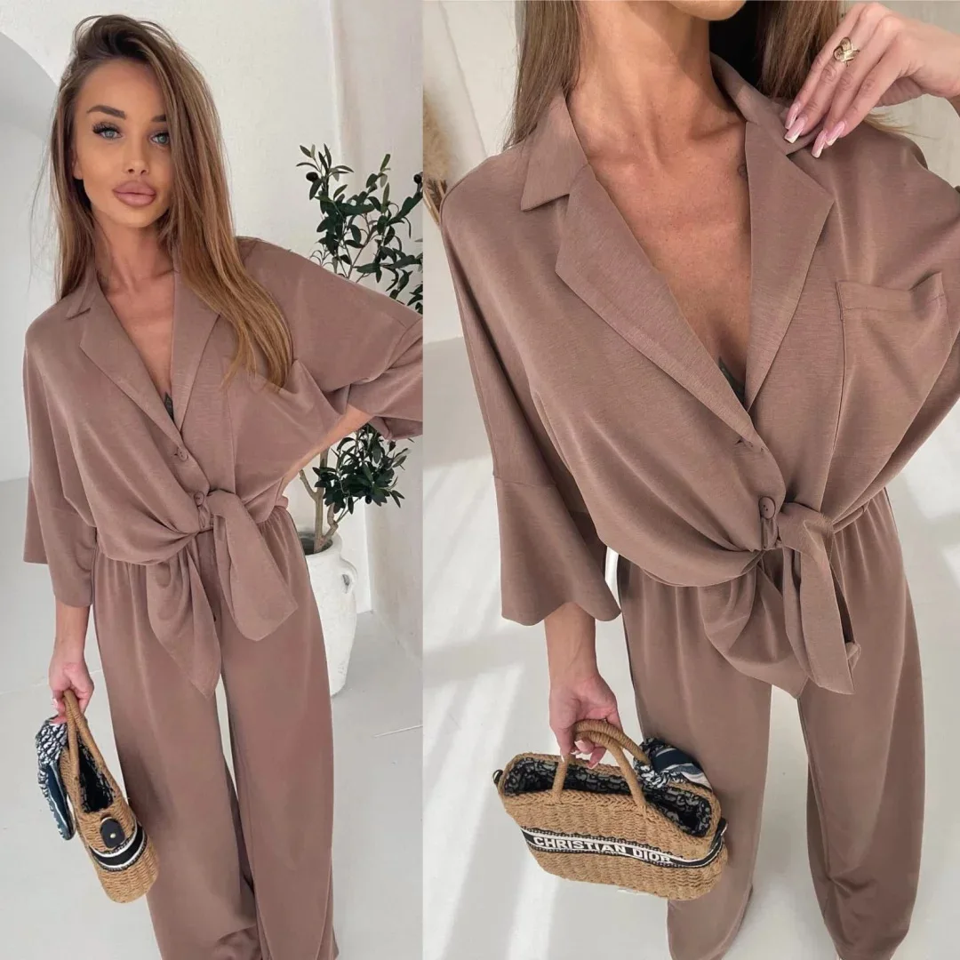 

Casual Solid Color Set Women's Single Breasted Sleeveless Shirt Deep Neck Elastic Pants Fashionable And Stylish Two-piece Set
