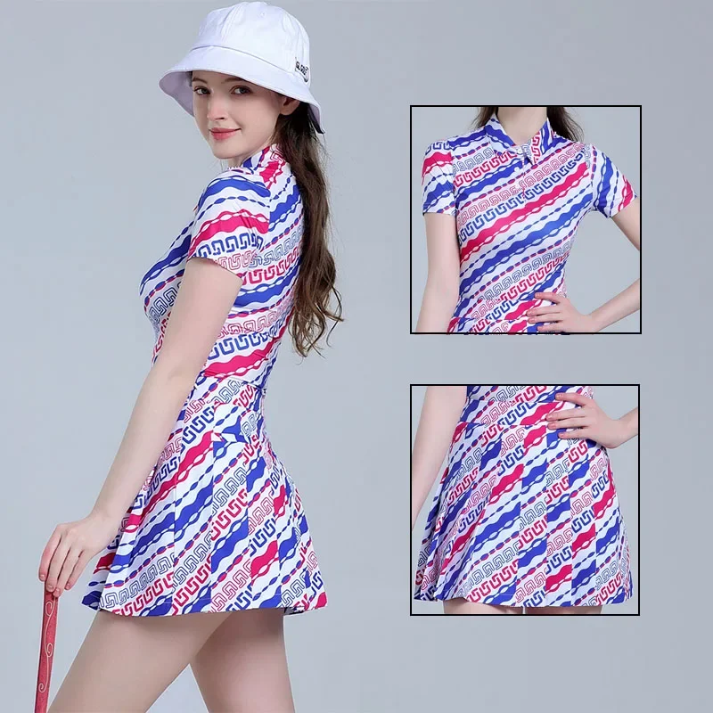 G-life Women Printing Short Sleeve Golf Tops Zipper Collar Shirts Lady A-lined Golf Culottes Pleated Pencil Skirts Set S-XXL