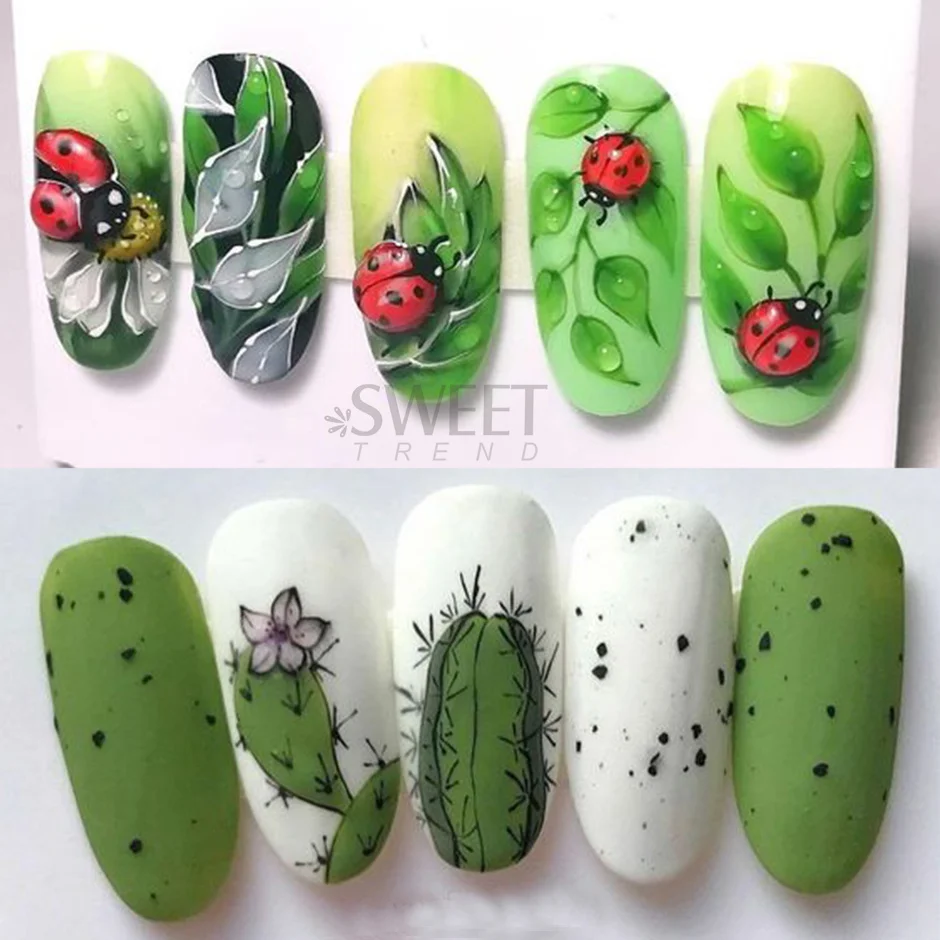 3D Cute Cactus Nail Stickers Desert DIY Design Mushroom Insect Green Leaf Decals Ice Cream Spring Slider Manicure Decor Foils