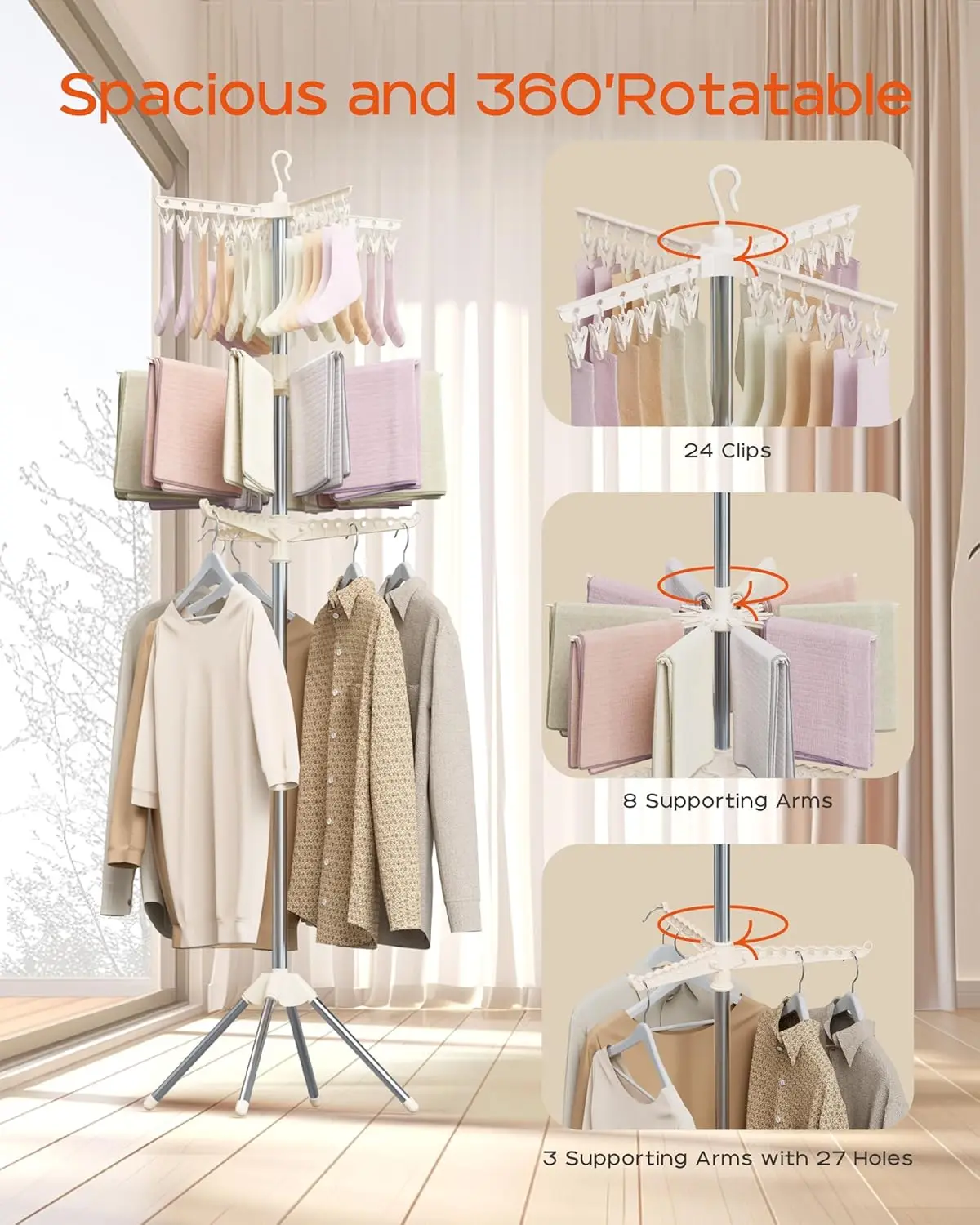 Clothes Drying Rack Foldable,Laundry Drying Rack with Rotating Clothes Rail for Hanging Socks,Space Saving