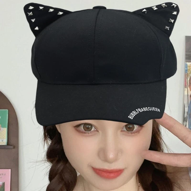 

652F Cats Ear Baseball Hat for Women and Girl Korean Skull Hat Outdoor Photo Caps Popular Shopping Streetwear Sun Hat