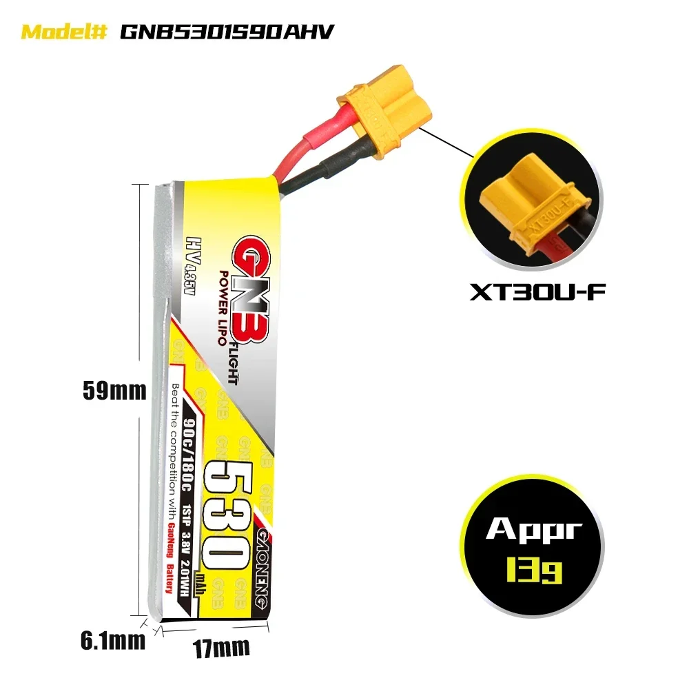 GAONENG GNB 530mAh HV 1S 90C 180C 3.8V Cabled XT30 LiPo Battery BetaFPV Beta75X Happymodel Mobula6 Mobula7 Snapper