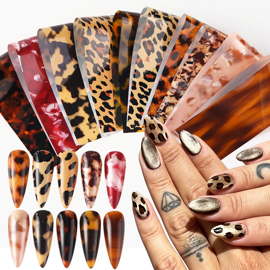 10pcs Tortoise Shell & Leopard Print Nail Foil Transfer Nail Sticker Colorful Animal Fur Leopard Print Pattern Design Nail Decor