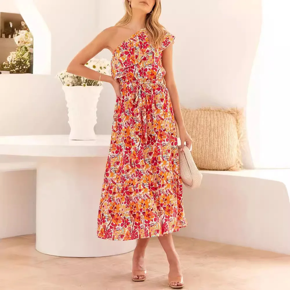 تنورة Ele 2024 للسيدات مطبوعة بدون أكتاف مع حواف من الدانتيل، تنورة متوسطة الطول من قماش البوليستر بنمط الأزهار