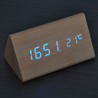015-11 Burlywood Triangle LED Wooden Desk Clock Blue Light Digital Voice Control Alarm Date Temperature USB Aaa Powered