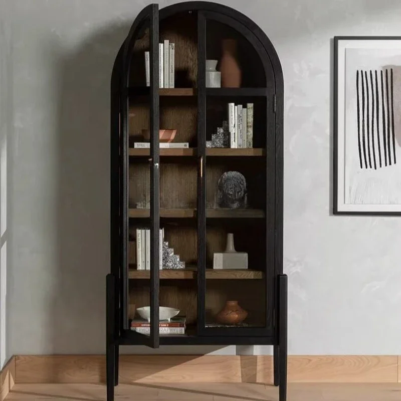 American retro solid wood bookcase Nordic black simple living room locker multi-layer display cabinet
