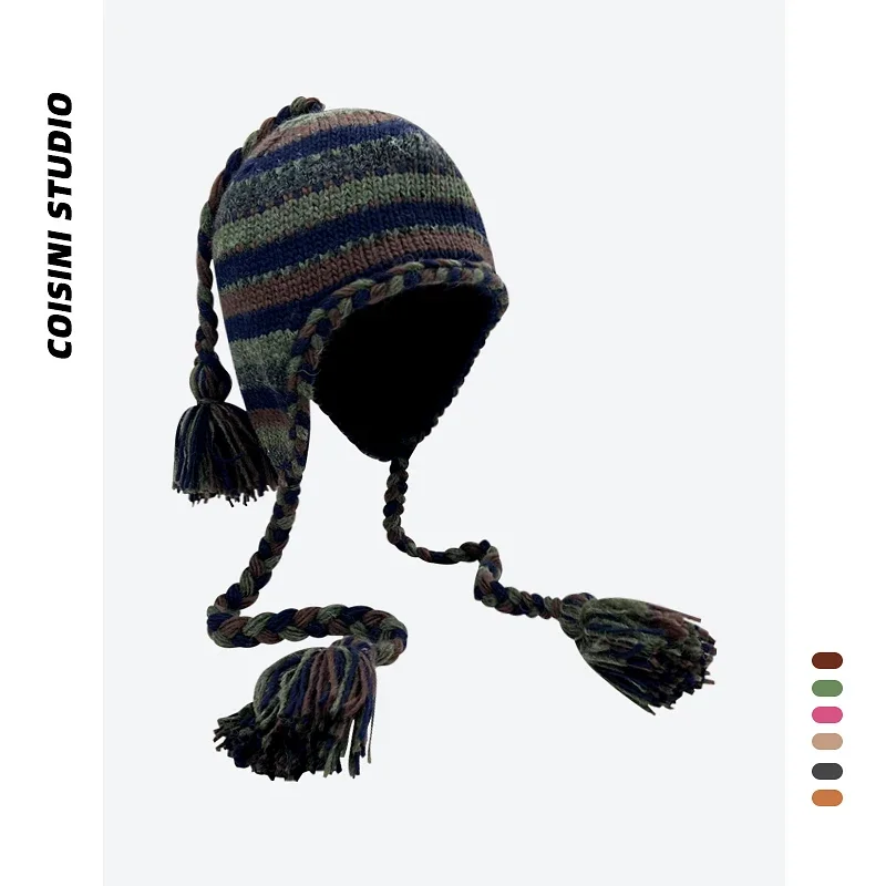 High-quality Ethnic Style Handknitted Pullover Hat Winter Men and Women Velvet Warm Striped Ear Protector Lace-up Bomber Hats