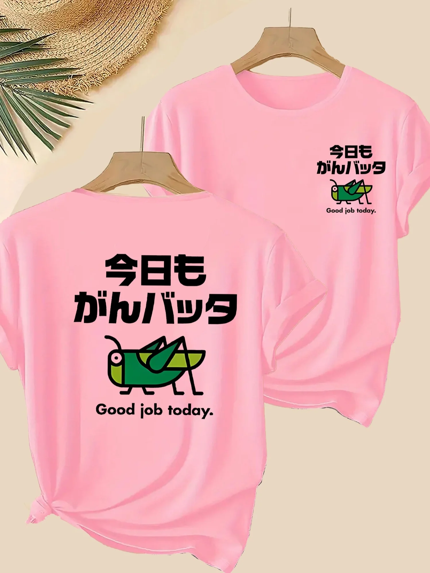 Women's T-shirt with Green Insect Pattern and Good Job Today Printed Tshirt Easy To Match with Comfortable Casual Round Neck Top