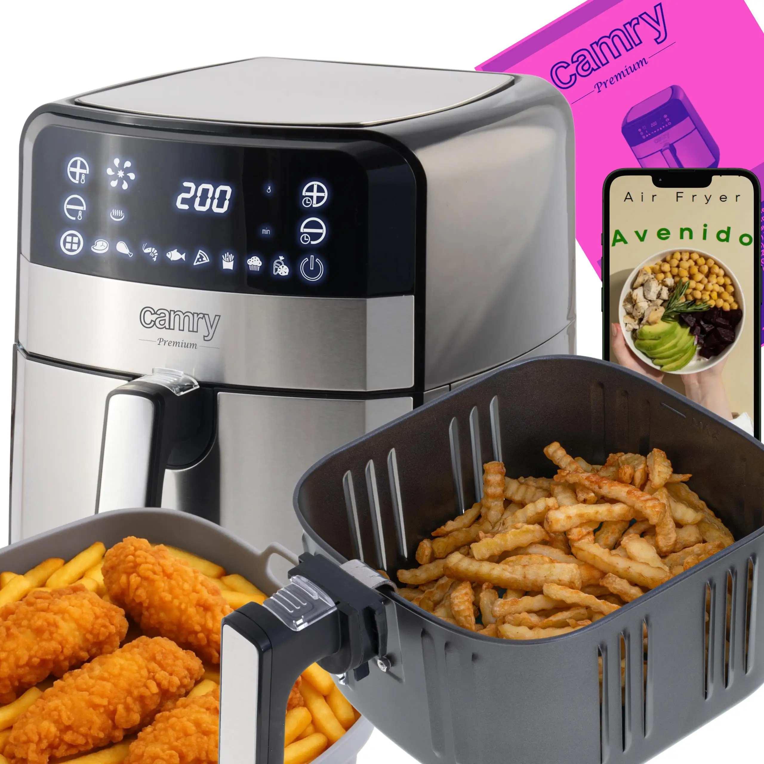 Luchtfriteuse Friteuse Gratis vet 5L Friteuse 2500W 9 programma's Temperatuurregeling 80-200 ° C Timer LED-display