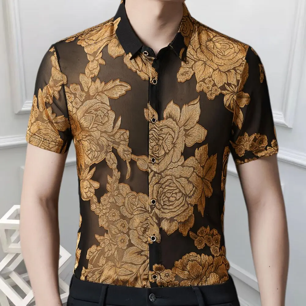 Embroidery Men Transparent Shirt See Through Mesh Shirt Club Party Prom Chemise 2025 Homme 4xl New Sexy Lace Shirt For Male