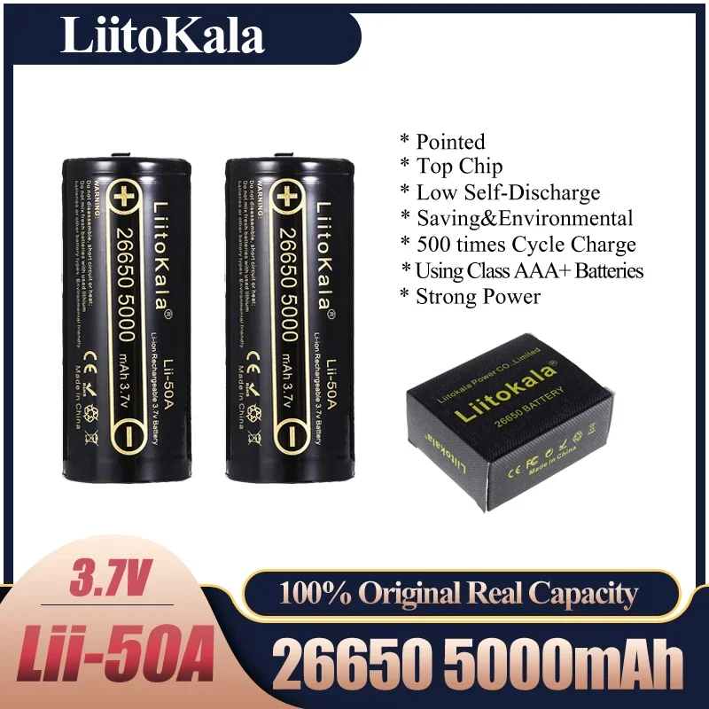 LiitoKala Lii-50A Pointed 3.7V 26650 5000mA Rechargeable batteries Discharger 26650-50A 20A Power battery for flashlight E-tools