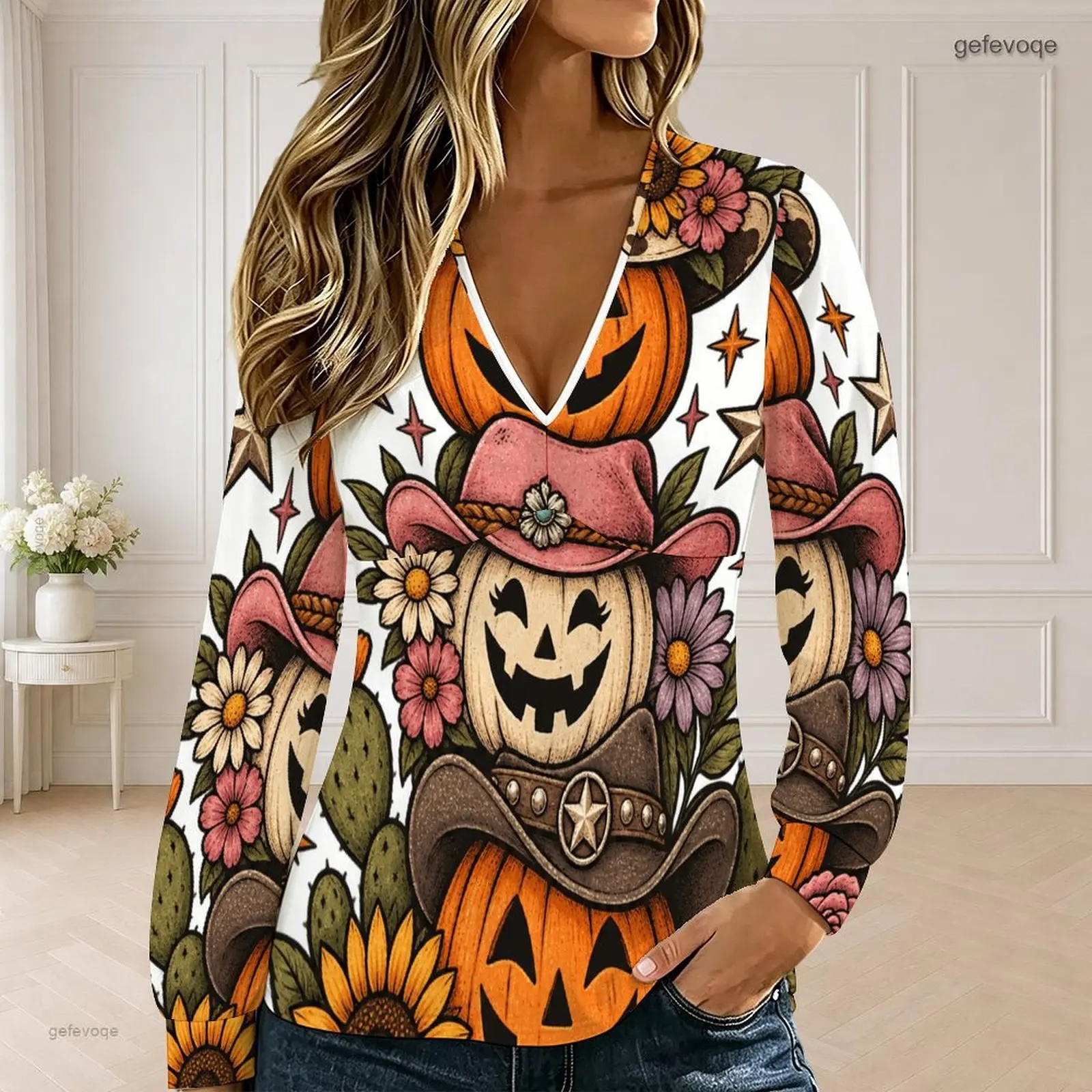 Women V Neck Long Sleeve Top, Printed Western Halloween Pumpkin Floral Cactus Star Pattern