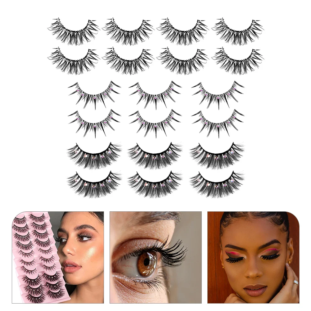 10 أزواج من الرموش الصناعية المزخرفة بحجر الراين خفيفة الوزن للنساء ذات مظهر طبيعي ومهرجان مكياج عيون براقة