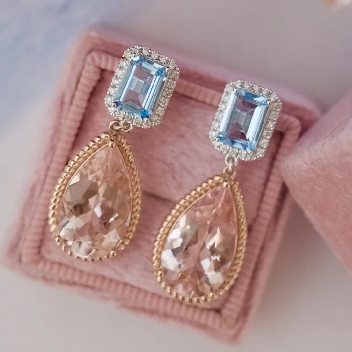 Ins العصرية 925 الفضة الزبرجد مورغانيتي دمعة الأذن قطرة استرخى 18K ارتفع الذهب بيان الوردي الأزرق القرط عالية غرامة مجوهرات