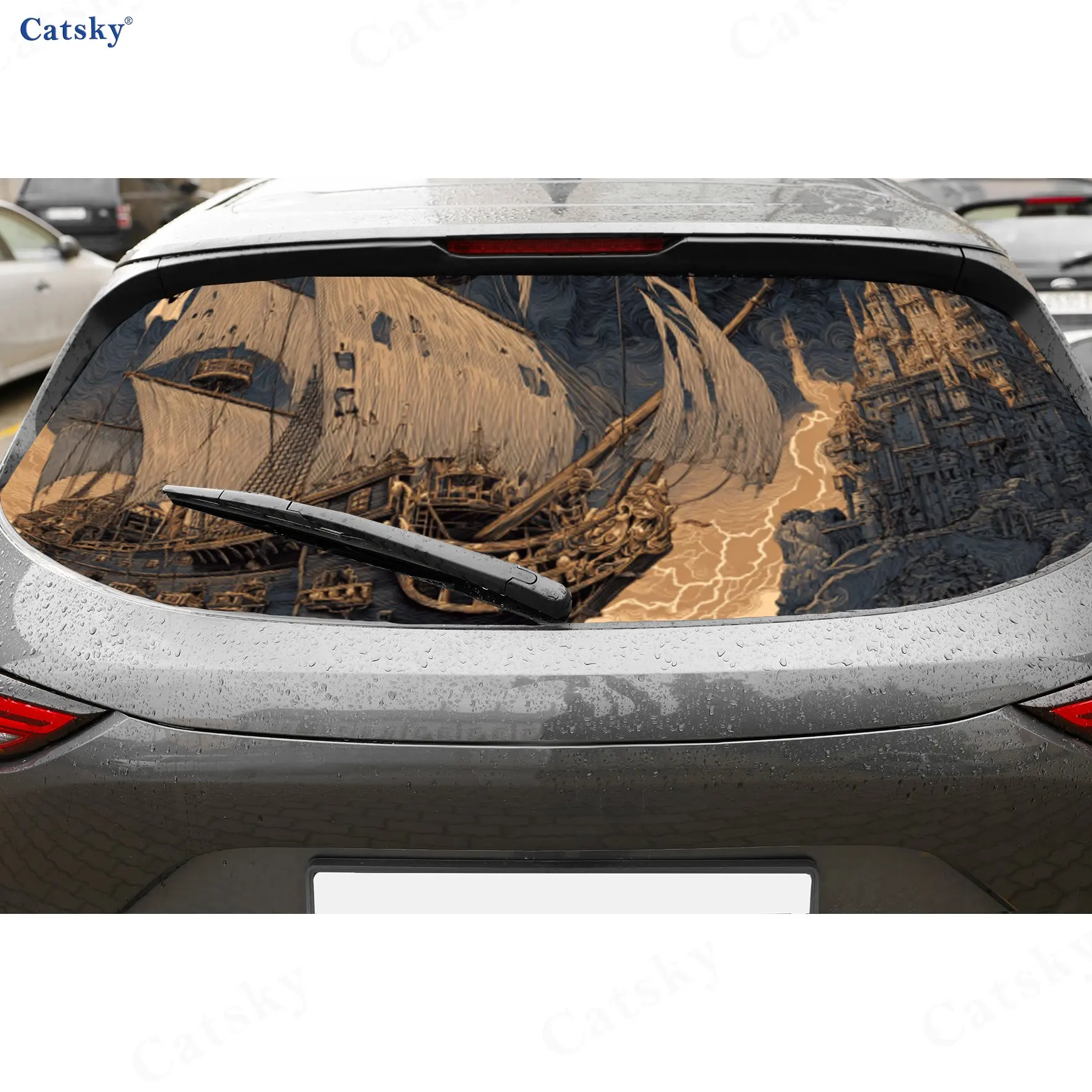 

Lightning Pirate Vessel Thrill PVC Perforated Car Vinyl Wraps, Durable Car Rear Windshield Sticker, Waterproof Car Rear Window D