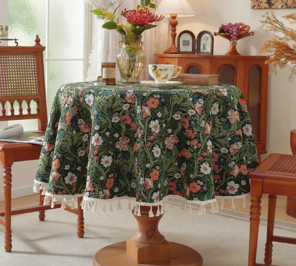 French Country Floral Jacquard Tablecloth, Tassel Edge Washable Table Cover for Round Tables, Living Room Dining Party Decor