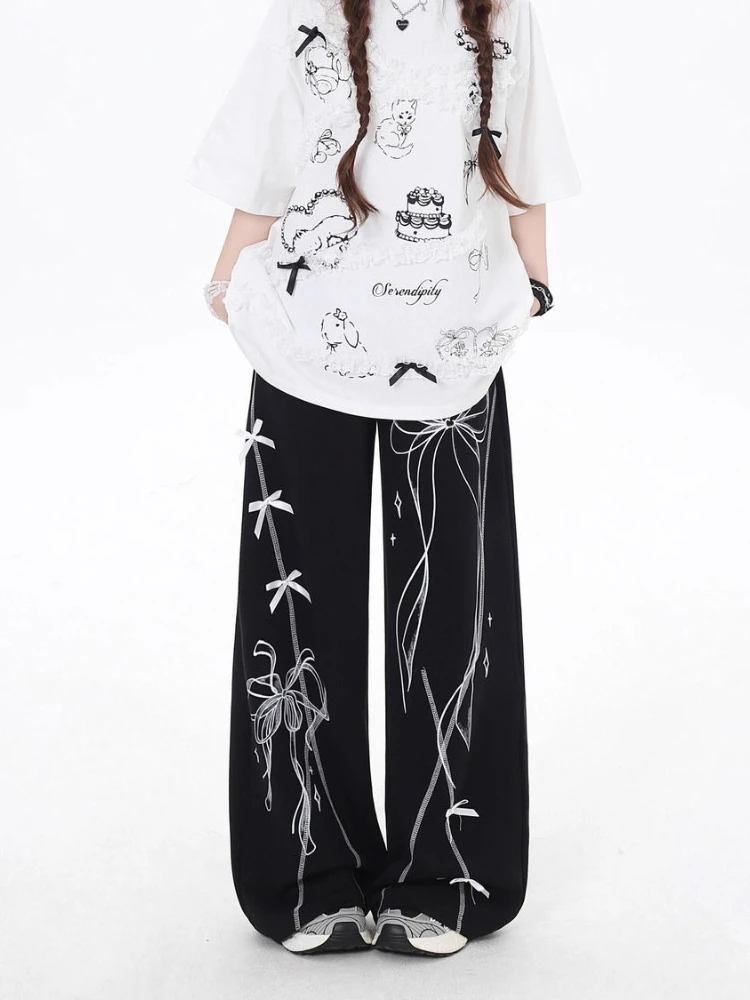 

Индивидуальный дизайн в американском стиле ретро, принт с бантом, висячие прямые повседневные спортивные брюки, модные молодые женщины и девушки в стиле хип-хоп