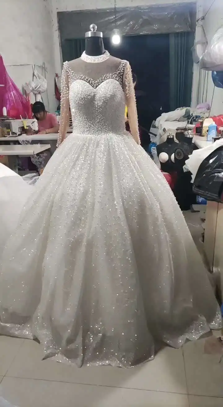 Vestido de novia africano de manga larga con cuentas de perlas y cuello alto, lujoso vestido de baile ostentoso, talla grande, 2024