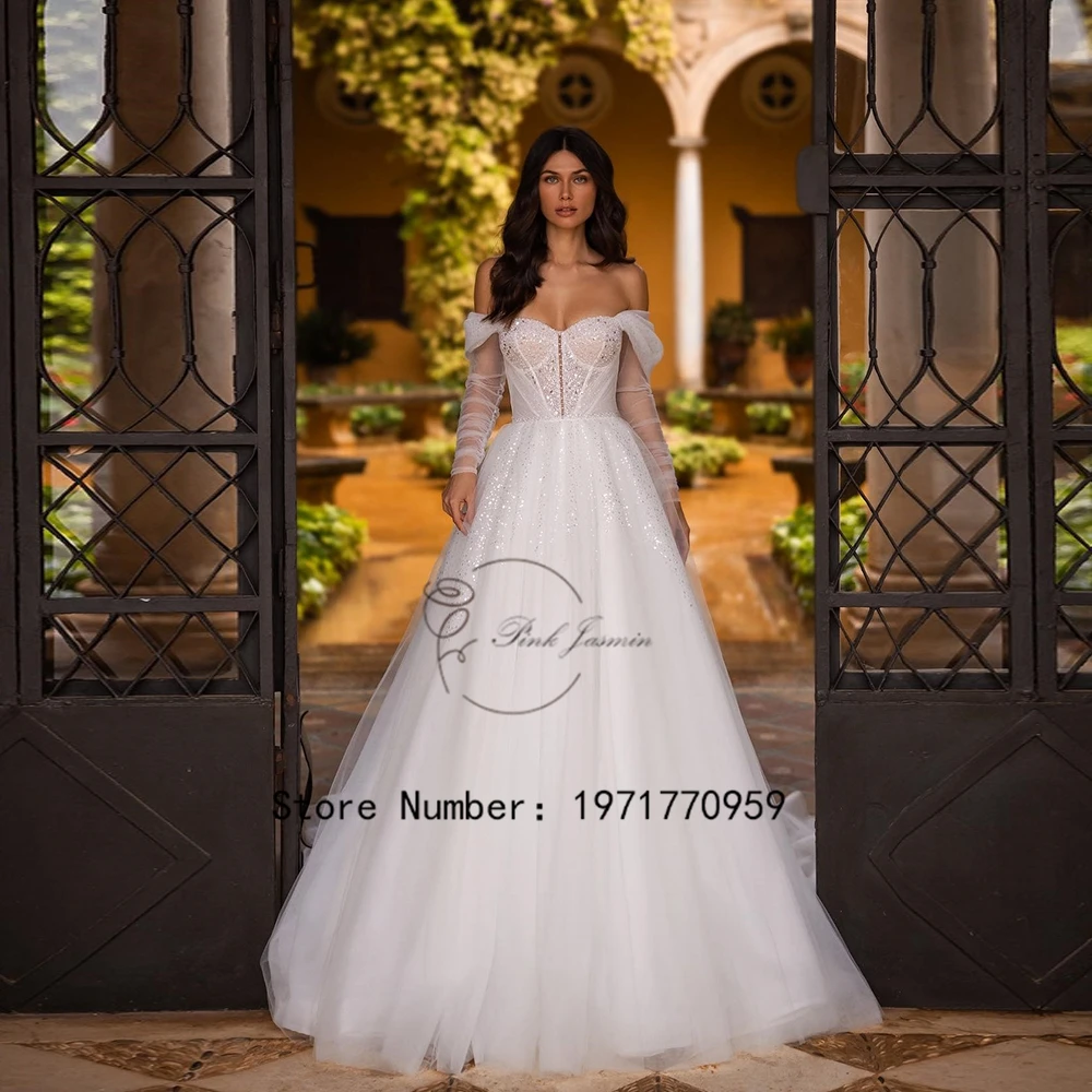 

Princess Empire Strapless Off Shoulder Wedding Dresses for Women Glitter Pleat Economic White Bridal Gowns Autumn Robe De Marié