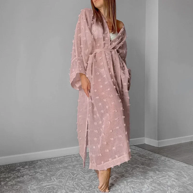 Longue Robe de Soirée en Maille Jacquard pour Femme, Jupe Élégante, Vintage, en Gaze, Transparente, Ceinture, Décontractée, à la Mode, Printemps Été 2024