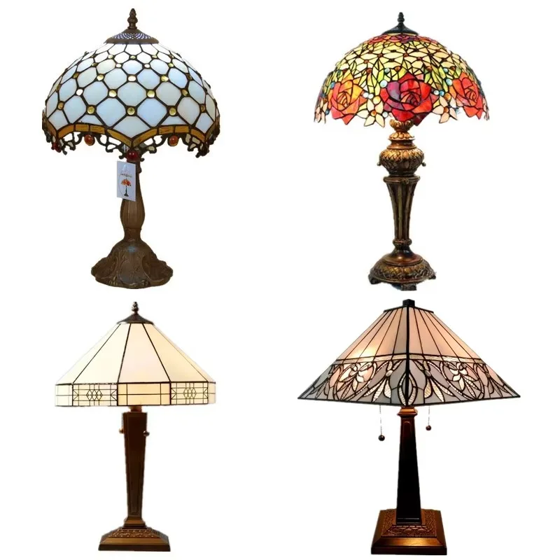 European Vintage Color Art Church Glass Lampshade Alloy Base Decoration LED Table Lamp Wholesale Customized
