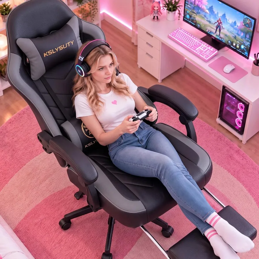 Gaming Chair, Ergonomic High Back Computer Chair with Footrest, Lumbar Support and Pocket Spring Cushion, Comfortable Swivel Ho