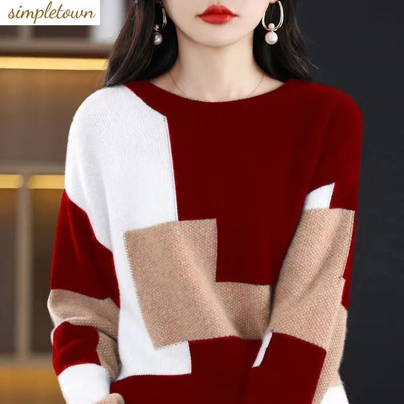 

Knitted Sweater 2023 Autumn/Winter Korean Edition New Versatile Color Block Sweater Pullover Knitted Loose Top Fashion