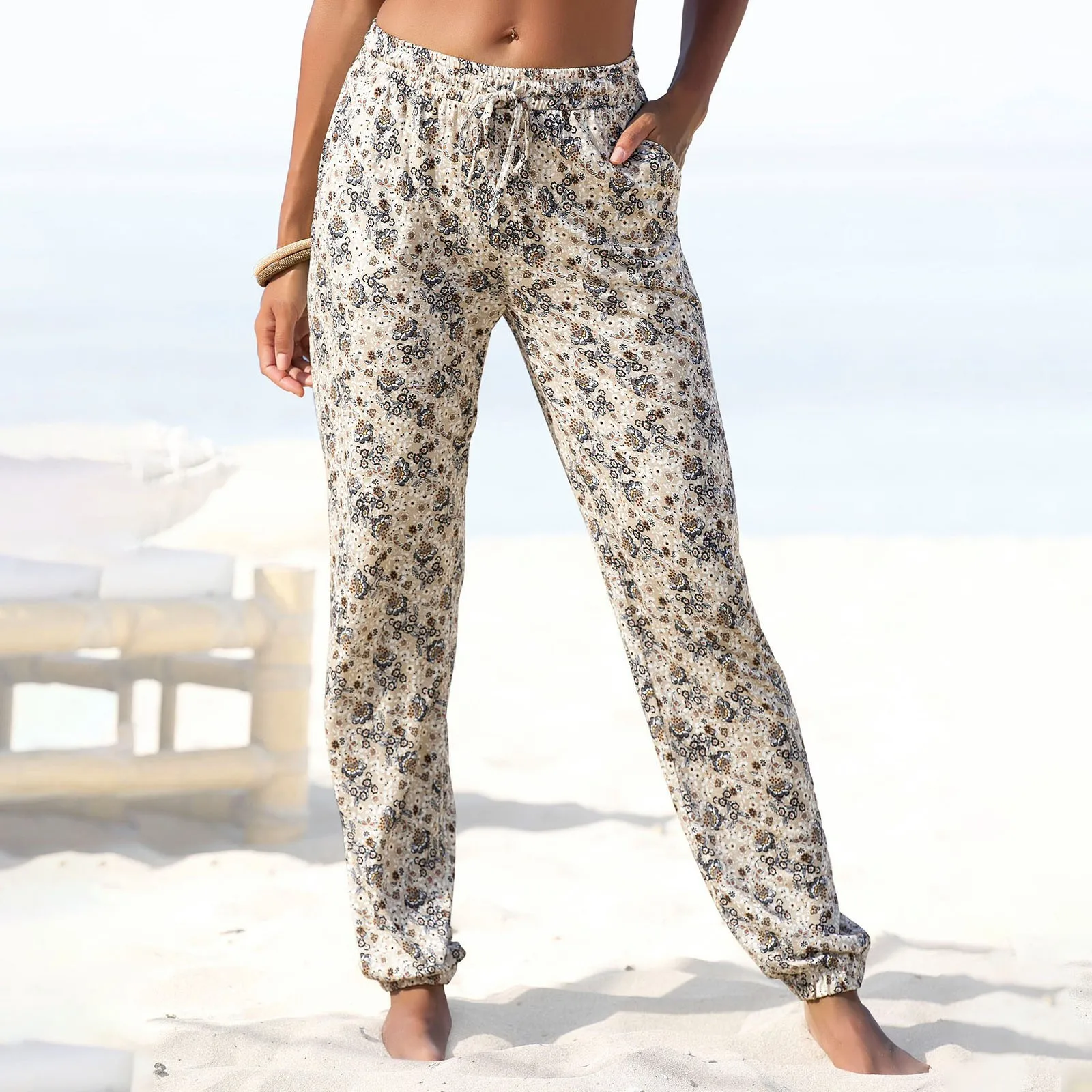 Women High Waist Printing Easy Trousers Long Pants Boho Beach Pockets Pants Waist Womens Casual Pants High Waist Self Tie