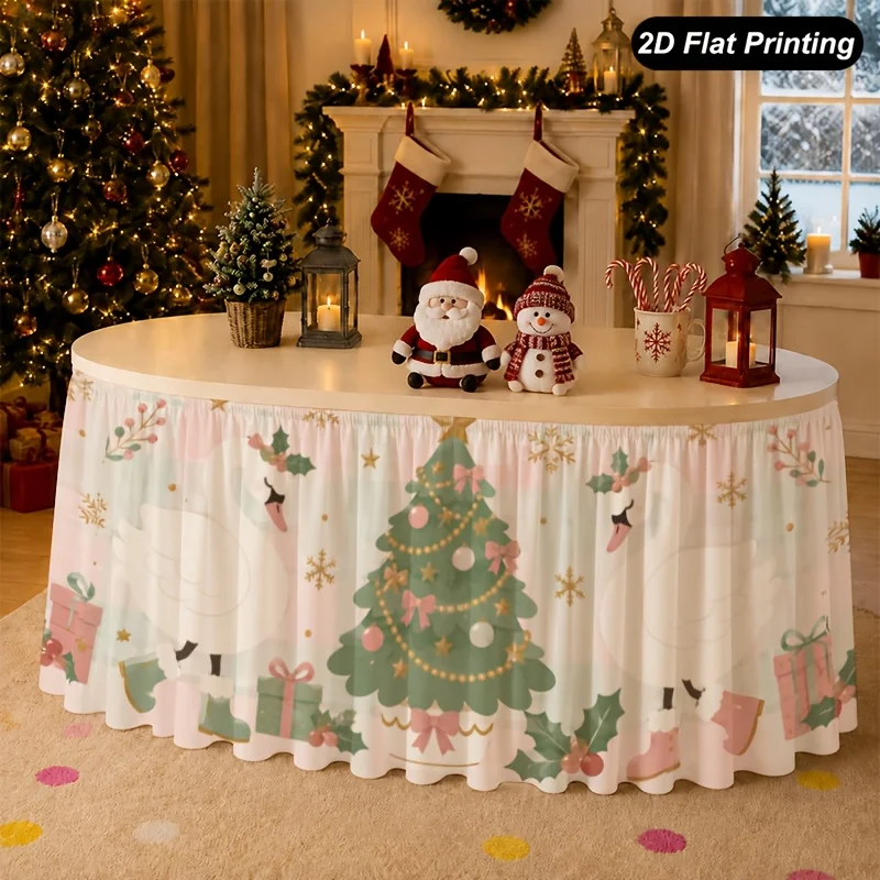 1-Piece Christmas table cloth swan pine ornaments table skirts, perfect for home kitchen decorations