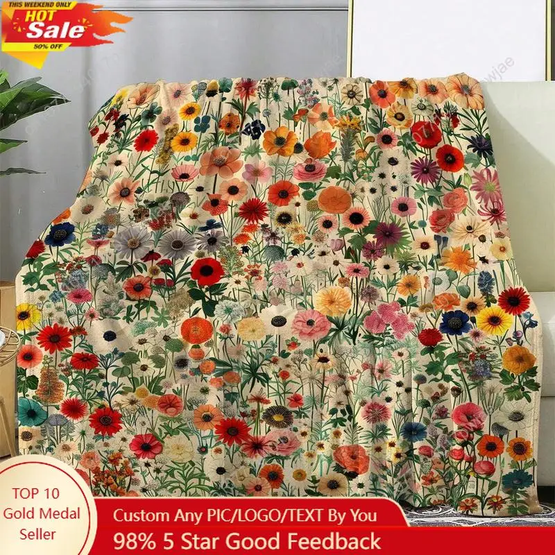 

1pc Vintage Floral Print Flannel Blanket - Soft Warm Throw for Office Camping Travel Machine Washable Cozy Custom blankets