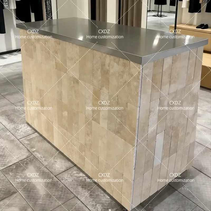 Stainless Steel Integrated Commercial Front Desk Limestone Bar Reception Counter for Women Clothing Store Checkout Area