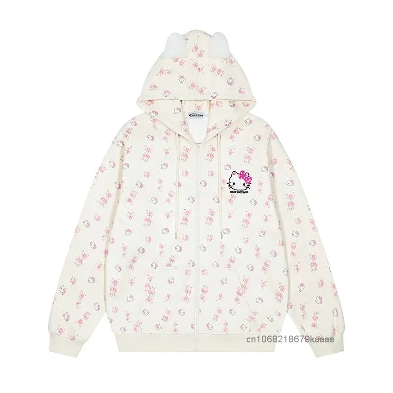 Sanrio Hello Kitty Cute Cat Hoodie Women\'s Autumn Winter New Loose Lazy Cardigan Japanese Style Y2k Sweet Soft Girl Trendy Coat