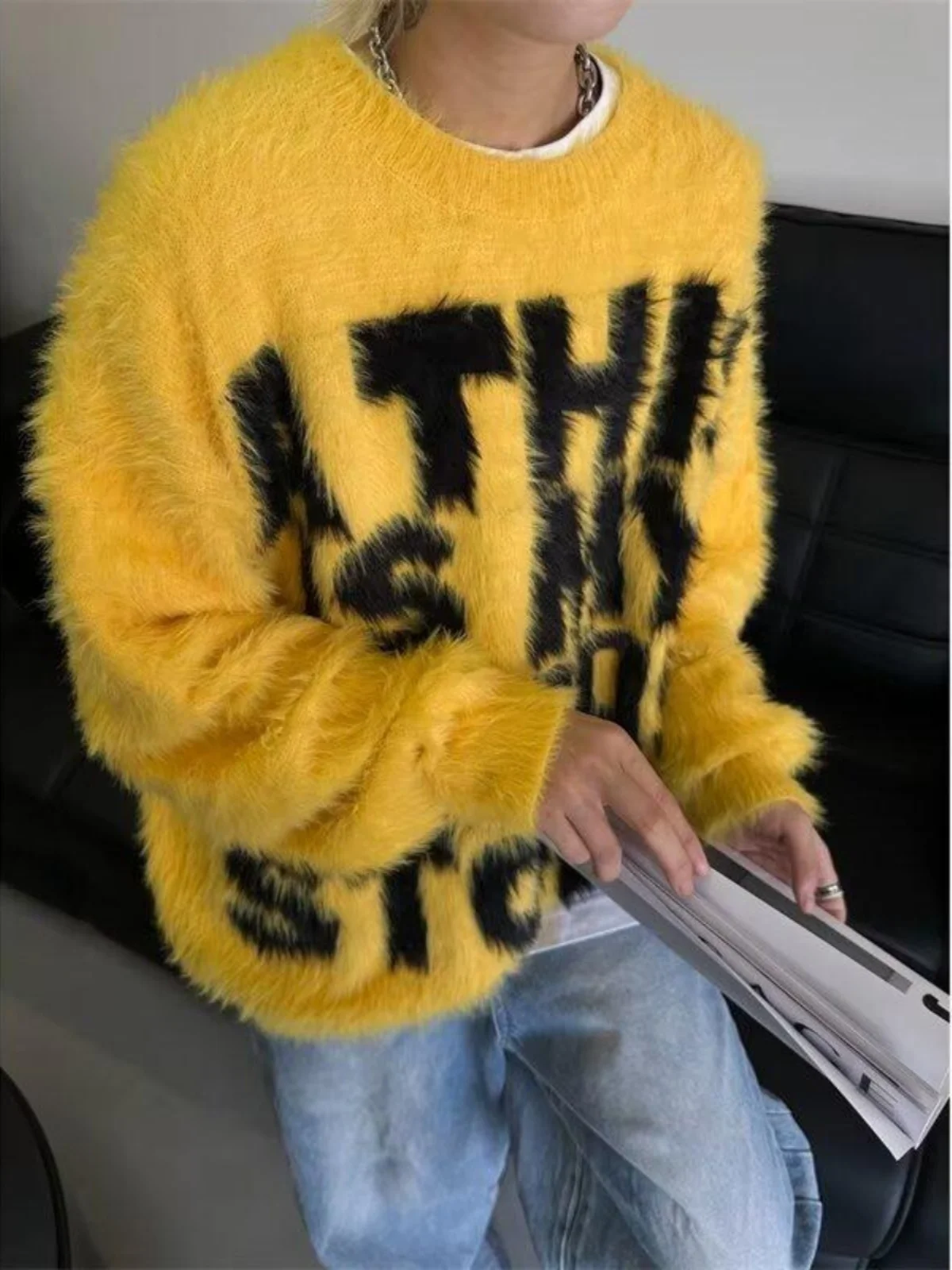 

Retro American Letter Embroidery Mink Fur Lazy Sle Sweater ex Autumn Winter Trendy Loose Versatile Couple Jaet