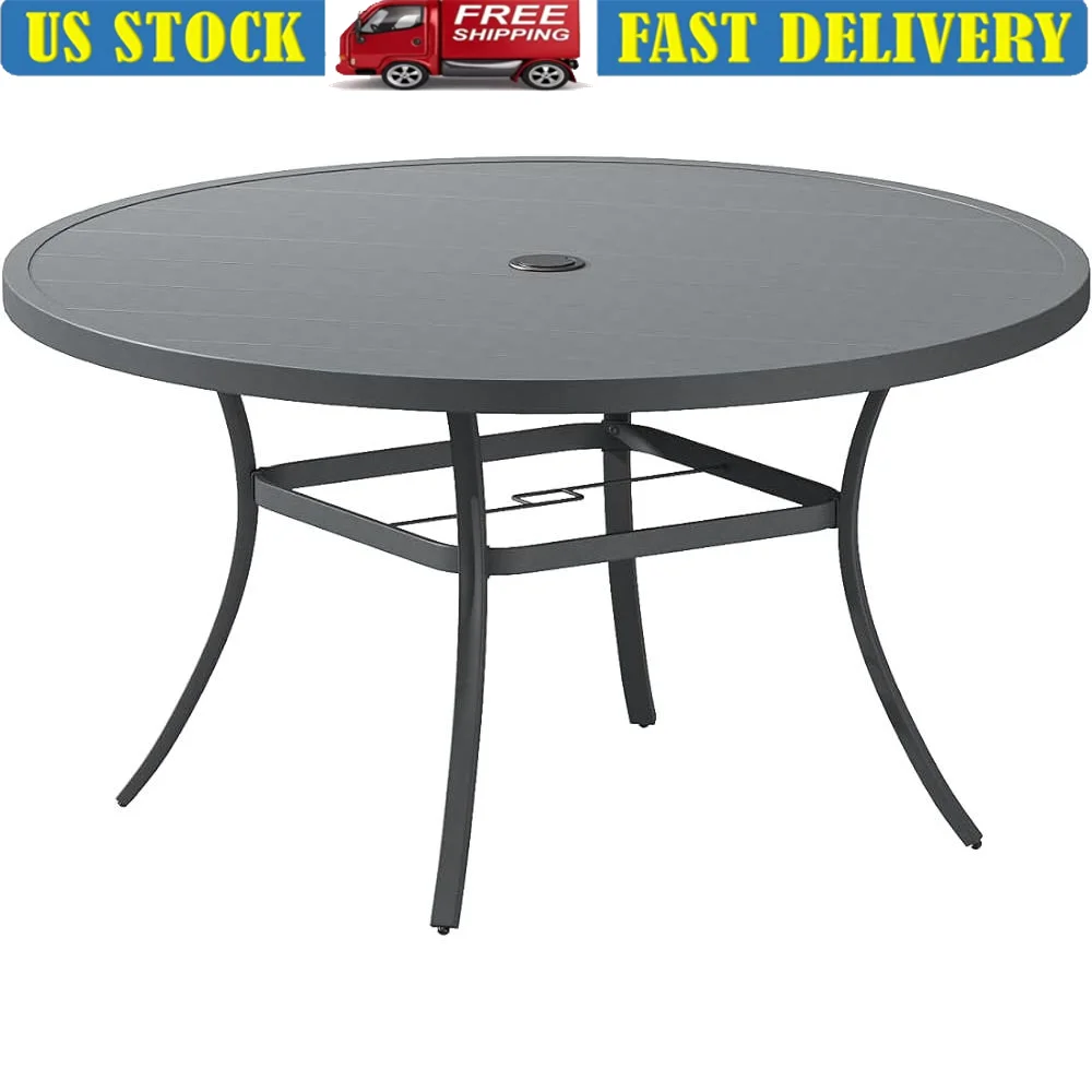 Outdoor Round Dining Table 53in Metal Frame Slatted Top Adjustable Umbrella Hole Patio Backyard Lawn