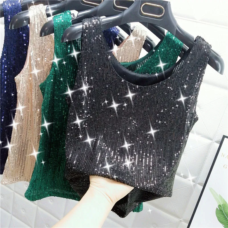 Sparkling Sequins Round Neck Vest Women's Outer Wear 2022 Summer New Bright Silk Fashion Glitter Bottoming Shirt Suspender Top