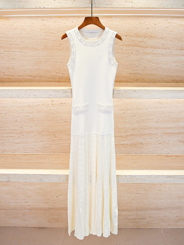 Vestido Largo de Punto Premium para Mujer Sandro Sivos, Adornado con Cuentas, Moda de Primavera, Cintura Alta, Corte en A