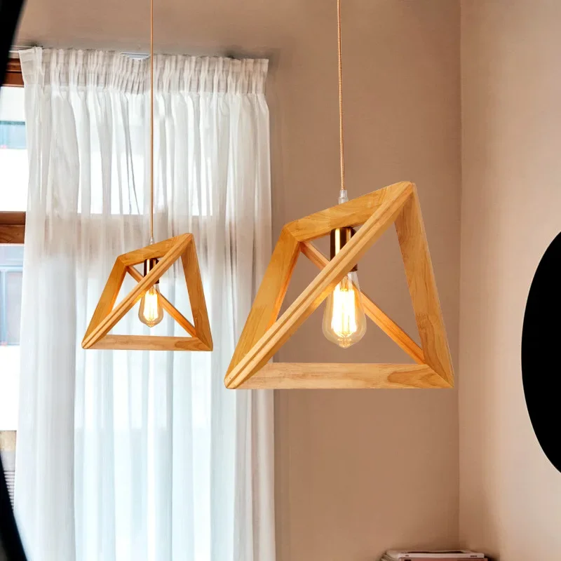 Modern Led Wooden Pendant Light Fixture Japan Simple Style Nordic Triangle 3d Indoor Lamp Home Deco Dining Room Cafe Reception