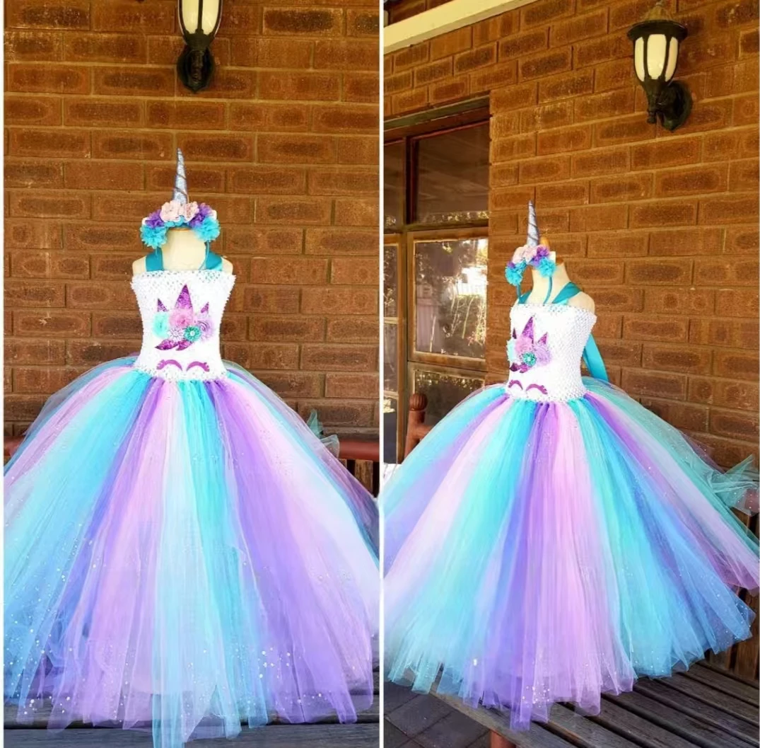 Girls Pastel Unicorn Flower Tutu Dress Kids Crochet Tulle Strap Dress Ball Gown with Daisy Ribbons Children Party Costume Dress