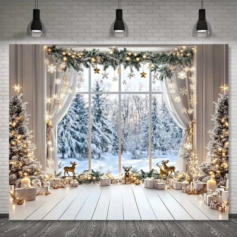 1 x Winter-Weihnachtshintergrund mit Schneewaldfenster, Weihnachtsbaum und Hirsch – einfache weiße und goldene Schnürdekorationen