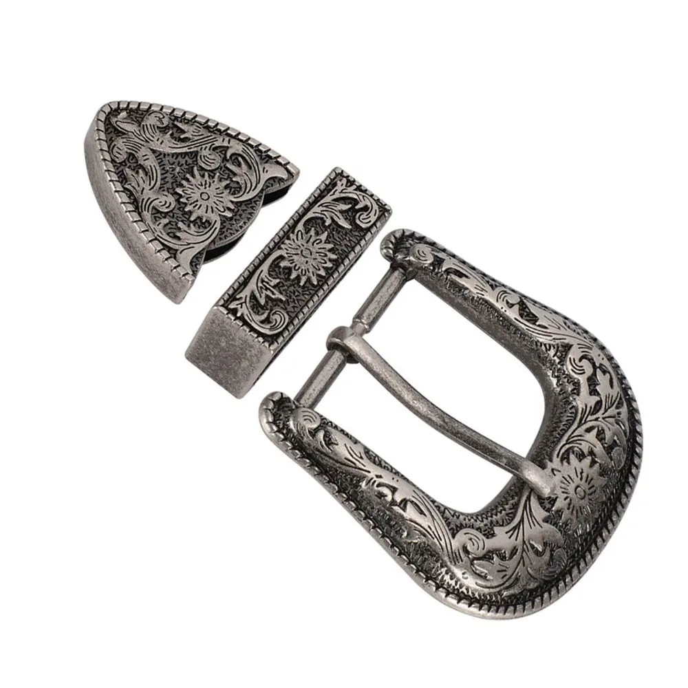 Vintage Style Cowboy Belt Buckle Carving Design Antique Silver Alloy Waist Buckle 3 Module Set 40mm Inner Diameter